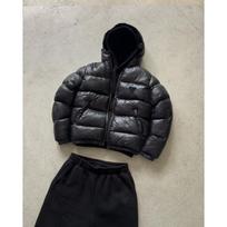 Mens Winter Puffer Jacket Embroidered Triangle Thick Warm Hooded Cotton Coat Black S-XXXL XL black