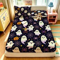 Halloween Ghost Pumpkin Fitted Sheet 3PCS Set Dark Cartoon Spooky Pattern Bedding Set 1 Fitted Sheet + 2 Pillowcases 100x191