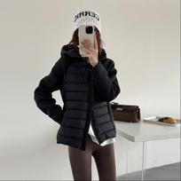 Women's Patchwork Knit Hooded Cotton Jacket, Long Sleeve, Padded, Short, for Versatile Casual Wear in Autumn/Winter 2026. Medium black