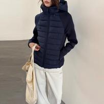 Women's Patchwork Knit Hooded Cotton Jacket, Long Sleeve, Padded, Short, for Versatile Casual Wear in Autumn/Winter 2026. Large tamsiai mėlyna