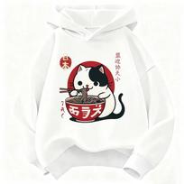 Japoniško stiliaus katė valgo ramen su gobtuvu Manga Vaikams Katė Vaikų džemperis su gobtuvu Mielas džemperis su gobtuvu berniukams ir mergaitėms Laisvalaikio džemperiai su gobtuvais Pavasaris 130 black
