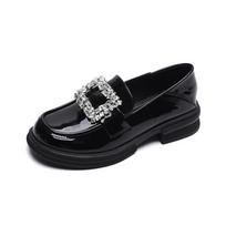 Women Loafers Round Head Rhinestone Square Buckle Thick Bottom Soft Sole Single Shoes 43 black