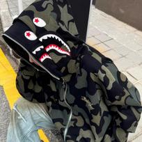 American Retro Fleece Zip Hoodie Camo Shark Graphic Streetwear Men Women M