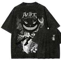 Alice in Wonderland Anime Graphic T-shirt Vintage Washed Anime Merch Harajuku Unisex Oversized Crew Neck Cotton Short Sleeve Tee 150 black
