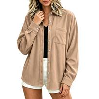 Women's Corduroy Shirt Jacket, Color Button Down Collared Long Sleeve Loose Fit with Pockets M beige