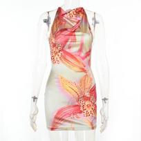 Womens Sexy Beach Dress Printed Backless Slim Fit Mini Vacation M beige