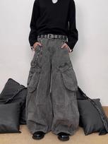 Men's Heavy Duty Patchwork Micro Flare Jeans - Loose Fit, Raw Hem, Floor-Length, High Street Style Extra Large gray