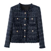 Blue Elegant Noblewoman Tweed Fringe Jacket with Contrasting Colors XL (60-67.5 kg) black