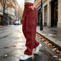 Women's Casual Corduroy Wide Leg Cargo Pants Button Front Color Loose Fit Trousers S gray