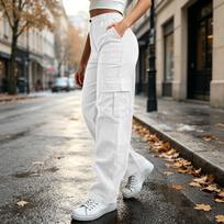 Women's Casual Corduroy Wide Leg Cargo Pants Button Front Color Loose Fit Trousers S white