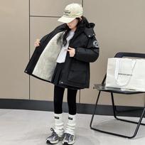 Girls' Winter Plush Jacket Casual Windproof Outdoor Sports Cargo Coat Hooded Thicken Outerwear 160 gray