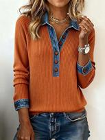 European Cross-Border Women's Retro Denim Patchwork Knit Pullover with Lapel and Long Sleeves brown