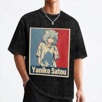 Kaitinantis katė Yani Neko Anime Marškinėliai Išplauti trumpomis rankovėmis Aukštos gatvės Marškinėliai Vintažiniai Vyriški Moteriški Streetwear Vasaros Marškinėliai 4XL gray