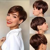 1B Pixie Short Cut Colored Straight Human Hair Wigs With Bangs Fringe Full Machine Made Wigs For Women Brazilian Natural Black Model Size&1Pcs/Lot black