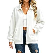 Women's Long Sleeve Zip-Up Jacket with Lapel Collar for Casual Everyday Wear S white