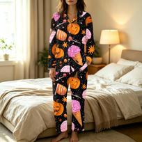 Women's Casual Halloween Print Long Sleeve Set with Pants S