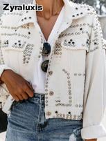 Women's Stud Denim Jacket Outfit with Sexy Heavyweight Wash XXXL
