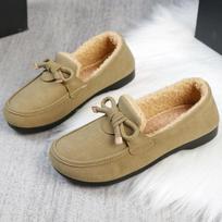 Women Fleece Lined Loafers Bowknot Warm Winter Slip On Flat Shoes Ladies Non Slip Casual Moccasins 41 white