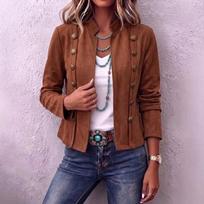 Women's Vintage Double Breasted Cropped Jacket Stand Collar Long Sleeve Slim Fit Coat S gray