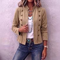 Women's Vintage Double Breasted Cropped Jacket Stand Collar Long Sleeve Slim Fit Coat XL gray
