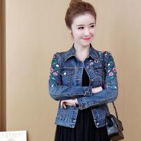Embroidered Flower Denim Jacket 5XL Women's Short Coat  Spring Autumn Vintage Slim Jeans Jacket Outwear Casual Female Tops 5XL gray