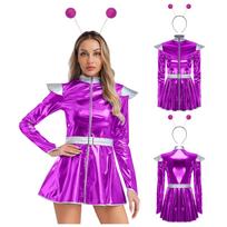 Moteriška blizganti metalinė kosminio cosplay suknelė S-XXL, A formos, su ilgomis rankovėmis ir priekiniu užtrauktuku, su galvos lanku teminiam vakarėliui S purple