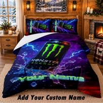 Monster Energy Pattern Bedding 3Pcs Set Custom Name, Bed Sheet And Pillowcases For Home Bedroom 135cmx200cm