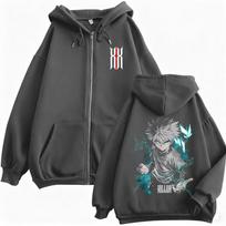 Anime Hunter X Hunter Killua Zoldyck Merch Zipper Hoodie Men Women Cotton Casual Oversized Zip Up Jacket 90s Cosplay Streetwear L gray