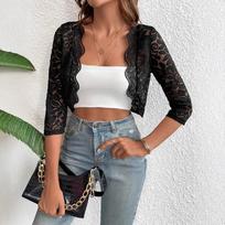 Women S Lace Splicing Short Jacket Seven Sleeve Elegant Commute Top M black