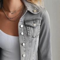 Womens Gray Denim Jacket Slim Fit Flared Sleeves Ruffle Hem Casual Fall Fashion Outerwear S gray