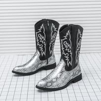 Fashion New Retro Fashion Men Boots Head Snake Skin Patent Leather Winter Shoes Embroidered Western Cowboy Boots Footwear Plus Size 46 gray