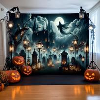 VIKAMA Halloween Haunted Castle Tapestry Ghost Pumpkin Cemetery Wall Hanging Spooky Night Backdrop Party Bedroom Decor 59x51.1inch/150*130cm gray