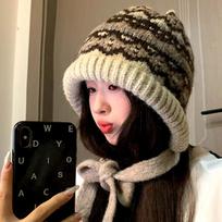 Balaclava hat women's winter versatile cold-proof ear protection wool hat thickened warm knitting gray