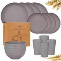 Kviečių šiaudų indų rinkiniai, įskaitant lėkštes ir dubenis 8 žmonėms, saugūs naudoti mikrobangų krosnelėje ir indaplovėje 16pcs