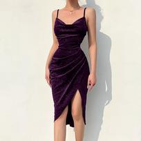 Women's Sleeveless Tank Sexy Strap Wrap Ruched Slit Party Cocktail Midi Dress S