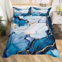 Blue Marble Duvet Cover, Geometric Comforter Cover Twin Queen Size Golden Stone Pattern Bedding Set Abstract Trippy Quilt Cover EU Single 135*200cm/53x79in 3pcs