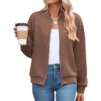 Women's Bomber Jacket Zip Up Long Sleeve Loose Fit Baseball Collar Casual Solid Color Fall Lightweight Jacket L brown