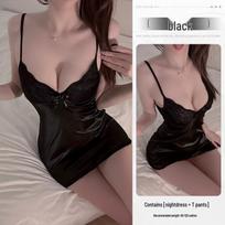 Sleek Lace Desire: Women's Sexy Sling Nightgown & Hugging Pajamas Set One Size (40-60 kg)