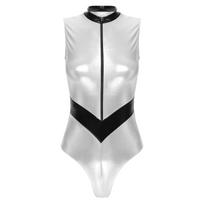 Womens Sexy Bodysuit Astronaut Costume Halloween Alien Outfits High Cut Patent Leather Catsuit for Rave Festival Party Clubwear M white