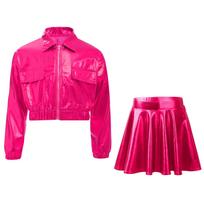 Long Sleeve Zipper Jacket and Flared A-line Skirt Set Metallic Finish Turn-down Collar for Girls Jazz Hip-hop Dance 13-14 Years pink