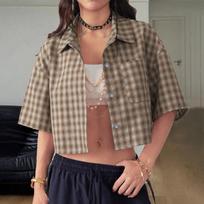 Women's Stylish Cropped Plaid Shirt Jacket / Top With Half Sleeves XL