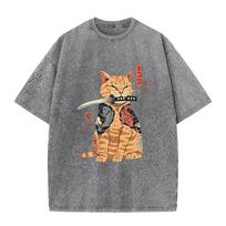 2026 Japanese Yakuza Cat With Katana T Shirt Vintage Washed Grey Graphic Tee Unisex Casual Retro Top S gray
