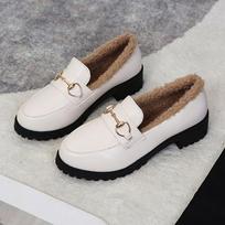 British Style Small Leather Shoes with Fleece Lining for Warmth 2025 Winter new style French bow thick-soled loafers for women 40 black