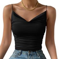 Women Sexy Slim Fit High Elastic Cowl Neck Knit Solid Cami Tank Top M black