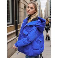 Womens Short Puffer Jacket With Hooded Design Warm Winter Coat Loose Fit Cotton-Padded Outerwear Daily Wear Medium blue