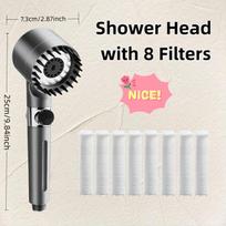 9PCS High Pressure Water Saving Handheld Shower Head 3 Modes Adjustable One Key Water Stop Hard Filter with 8 Filter For shower with 8 Filters
