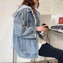 Spring Autumn Vintage Hooded Cowboy Jacket Women Korean Loose Versatile Long Sleeve S gray