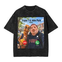 Tropical Beach Summer Meme Joke Tung Sahur John Pork Washed T Shirt Man Basic Casual T Shirts Summer O Neck Hip Hop Tee Shirt 2XL gray