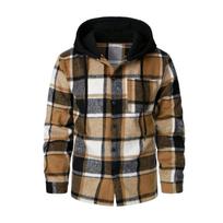 Men's Hooded Plaid Shirt Casual Loose Fit Jacket for Fall and Winter XL chaki