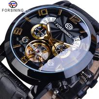 Forsining Vyriškas Prabangus Tourbillon Automatinis Mechaninis Laikrodis Bangų Dizainas Datos Rodmuo Švytinčios Rodyklės Atsparus Vandeniui Madingas Riešo Laikrodis Case Diameter 4.6 cm black